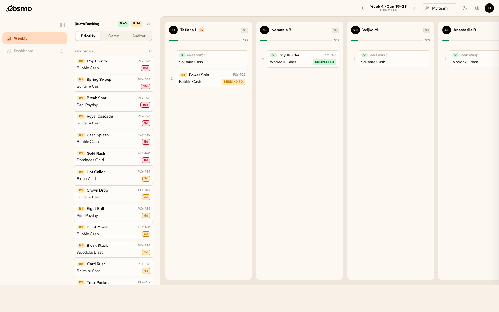Weekly board prototype — quota backlog and 5-day kanban
